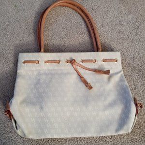 Dooney Bourke Light Grey Beige Logo Medium Tassel Tote